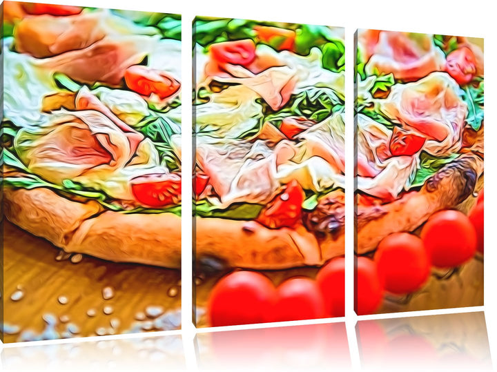 leckere Pizza3-Teiler Leinwandbild 120x80 Bild auf Leinwand, XXL riesige Bilder fertig gerahmt mit K
