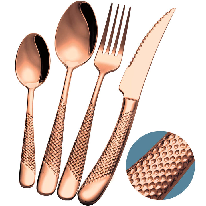 Besteck Set 6 Personen modernes gehämmertes, mit ultrascharfem 2-IN-1 gezacktem Messer, Besteckset 1