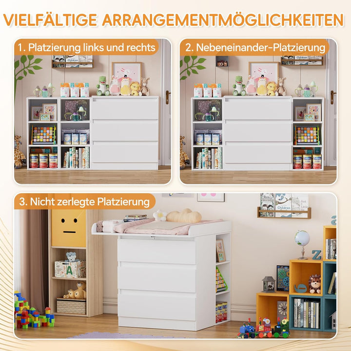 2-in-1 Wickelkommode mit abnehmbarem Wickelaufsatz,Baby Wickeltisch Weiss, Kommode mit 3 Schubladen