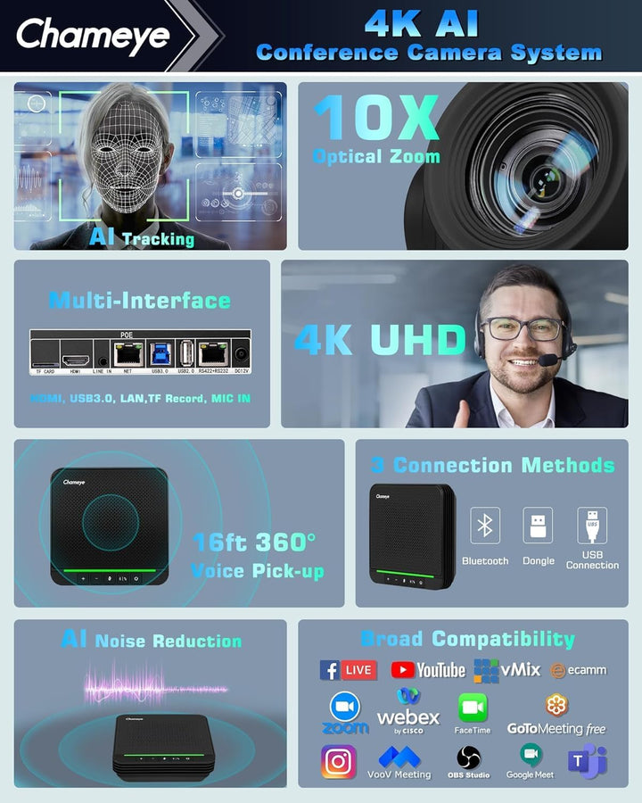 Chameye 4K 10x AI PTZ Konferenzkamera Set mit Bluetooth Konferenzmikrofon, 4K PTZ Kamera mit KI-Auto