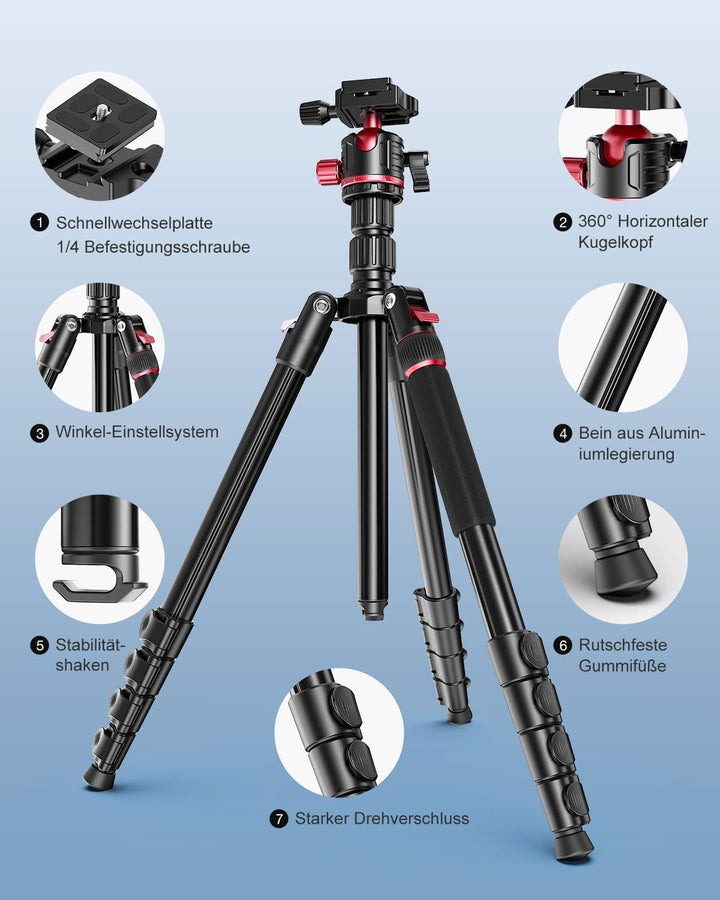 CAMBOFOTO 200cm Kamerastativ, 360°-Kugelkopf, professionelles Aluminium Stativ und Einbeinstativ mit