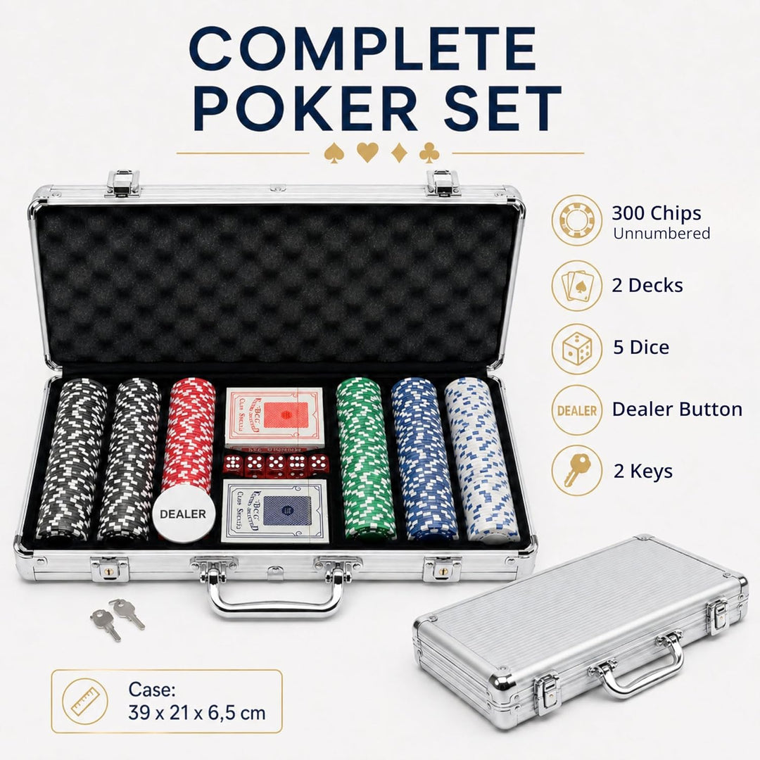 MAGIC SELECT Poker Set Spiel. Pokerset Komplett mit Metallkoffer 300 Pokerchips, 2 Kartendecks, 5 Wü