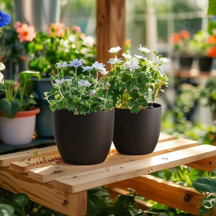 T4U 15cm Selbstwässernder Blumentopf mit Wasseranzeiger Schwarz 4er-Set, Selbstbewässerung Wasserspe