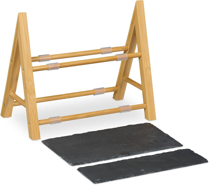 Relaxdays Etagere, 2 Etagen, mit Schieferplatten, HBT 27x32x17 cm, rustikaler Servierständer, Bambus