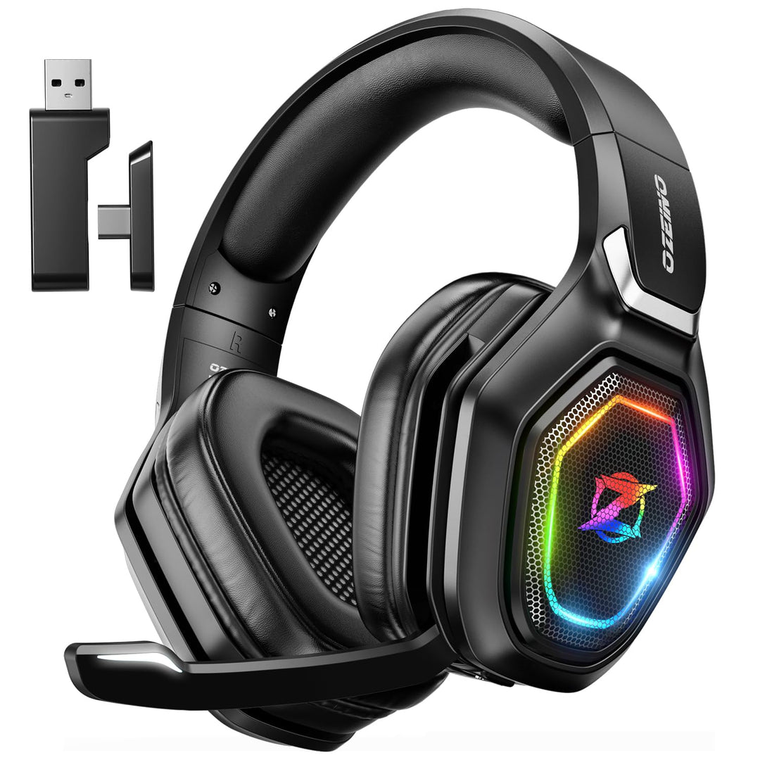Ozeino Kabelloses Gaming-Headset mit Mikrofon, 2,4 G & Typ-C-Sender – 30 Stunden Akkulaufzeit – RGB-