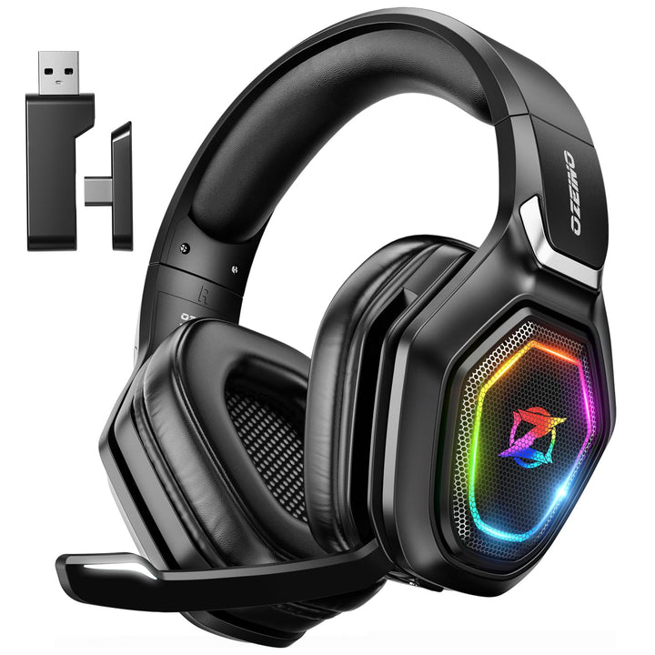 Ozeino Kabelloses Gaming-Headset mit Mikrofon, 2,4 G & Typ-C-Sender – 30 Stunden Akkulaufzeit – RGB-