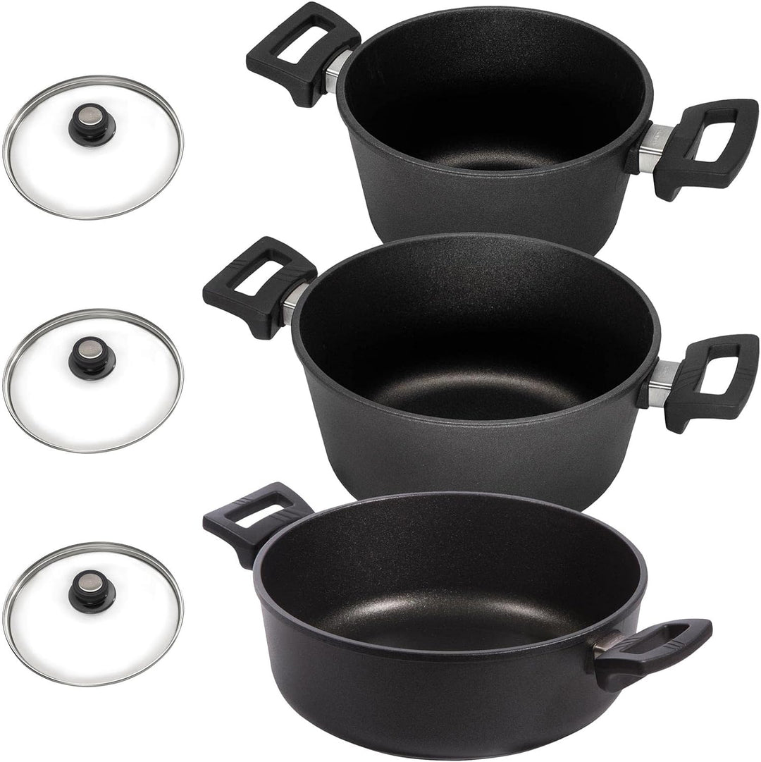 Eurolux Universal-Topfset Induktion Aluguss beschichtet 6-teilig - schwarze Koch-Töpfe Set & Glas-De
