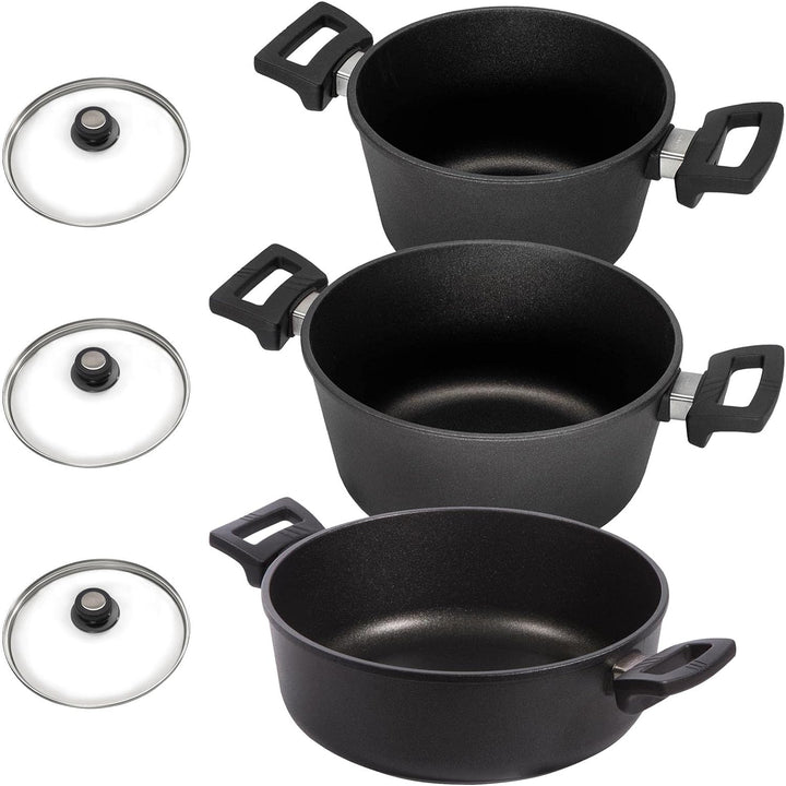 Eurolux Universal-Topfset Induktion Aluguss beschichtet 6-teilig - schwarze Koch-Töpfe Set & Glas-De