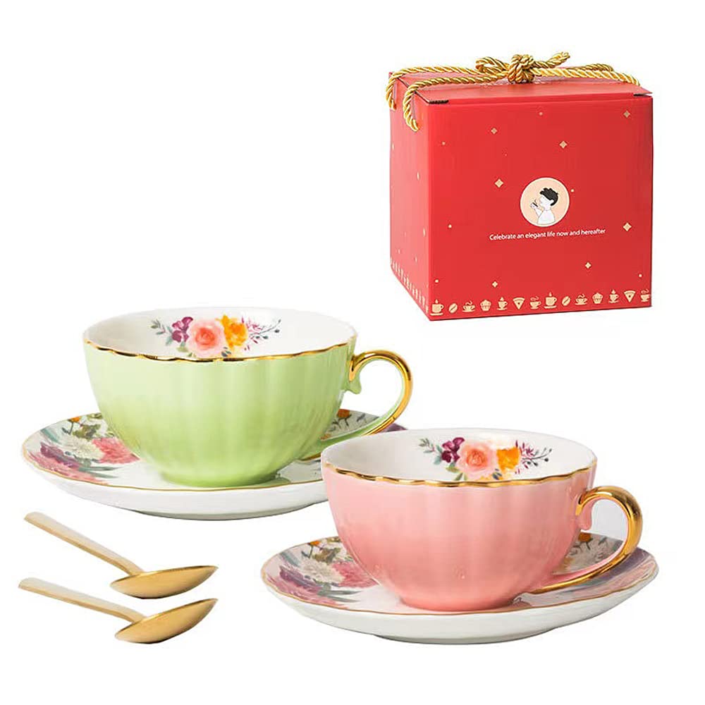 Porzellan Teetasse mit Untertassen und Löffel, 2 Satz von 8 oz Floral Kaffeetasse mit Goldrand Halte