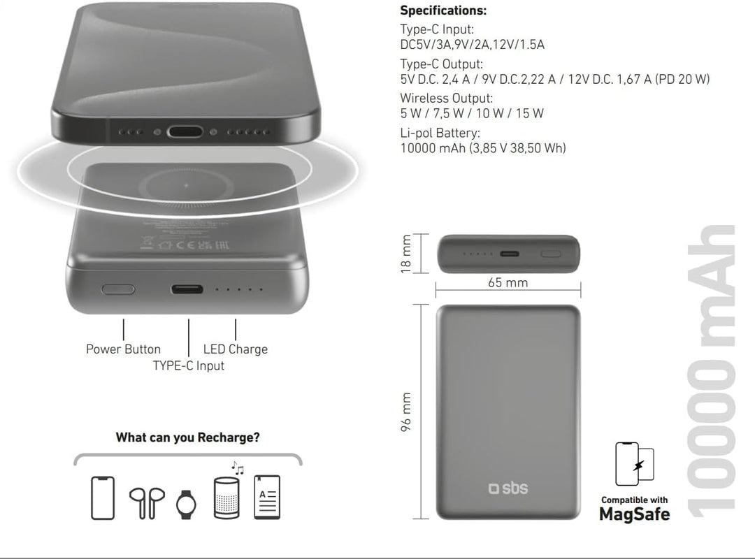 SBS PowerBank 10K MagSafe, 10.000 mAh Power Delivery 20 W, 15 W kabelloses Laden, magnetisch, Status