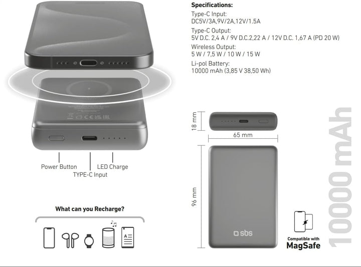 SBS PowerBank 10K MagSafe, 10.000 mAh Power Delivery 20 W, 15 W kabelloses Laden, magnetisch, Status