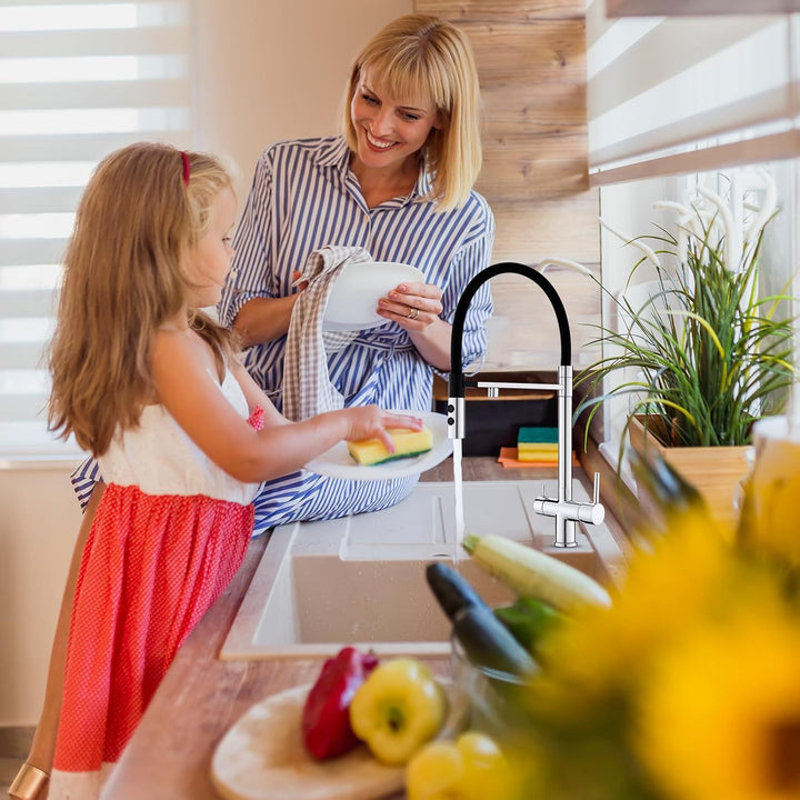 KEOKBON 3 Wege Wasserhahn, 360° Drehbar Küchenarmatur mit 2 Funktion Brause, 3 in 1 Mischbatterie Tr