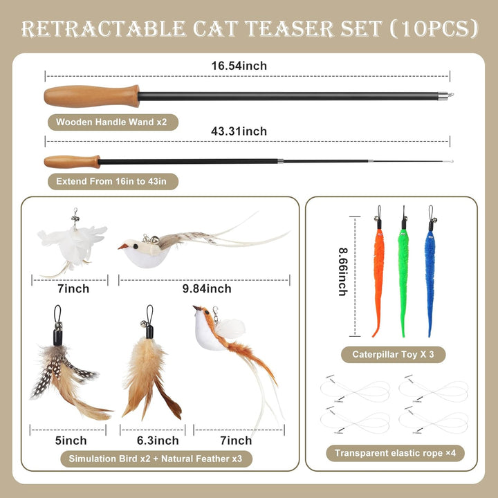 14 Stück Katzenspielzeug, Katzen Spielzeug Set mit 2 Langen Katzenengel, 4 Angelschnüren, 2 Vogel, 3