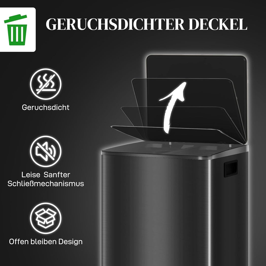 HOMCOM Mülleimer Küche 2x30L Softclose-Deckel Schwarz 47,7x37,5x66,8cm Glänzend Schwarz 2 x 30 L, Gl