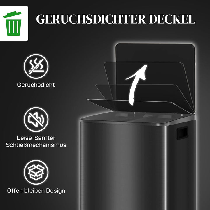 HOMCOM Mülleimer Küche 2x30L Softclose-Deckel Schwarz 47,7x37,5x66,8cm Glänzend Schwarz 2 x 30 L, Gl