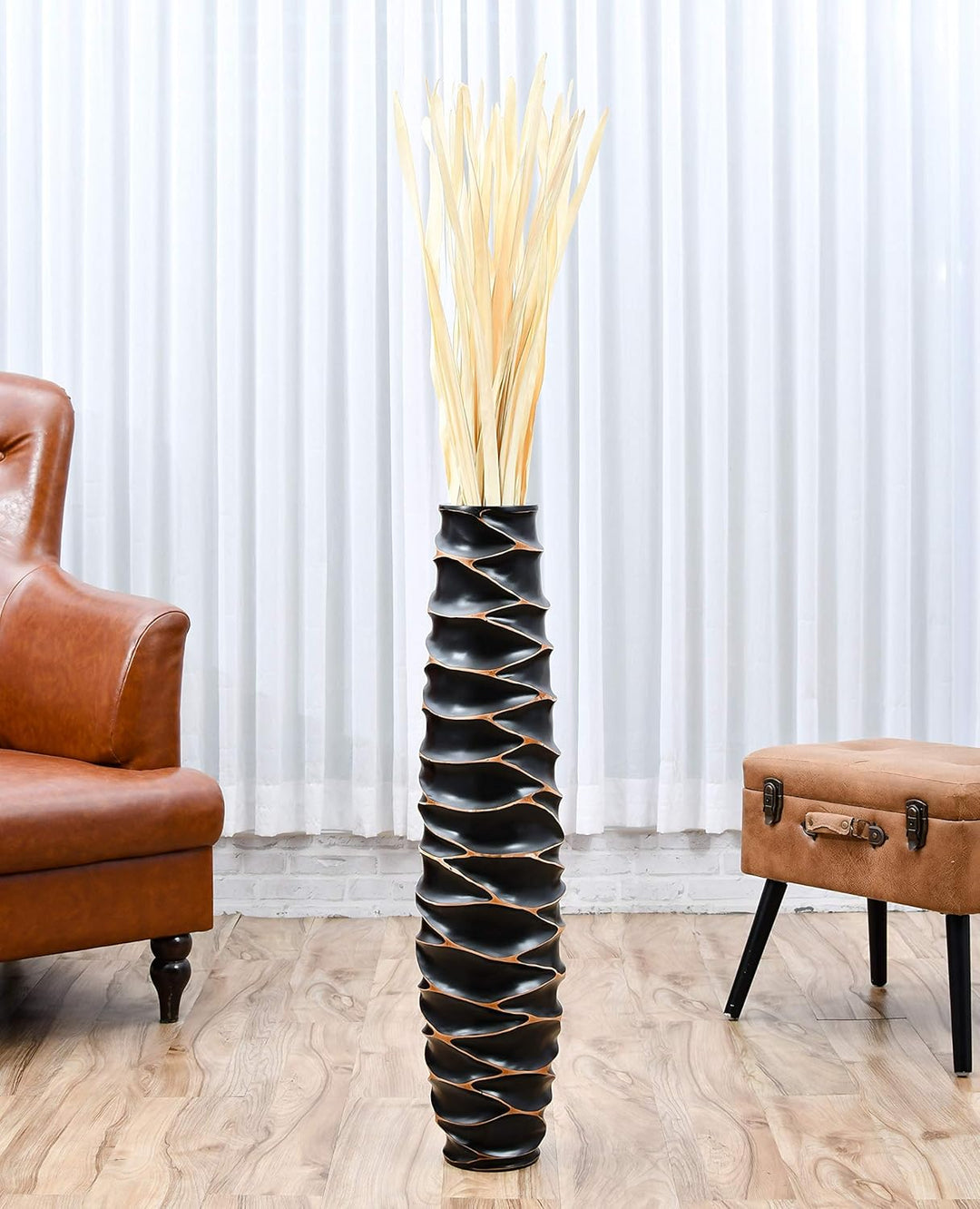 Leewadee Grosse Bodenvase für Dekozweige hohe Standvase Design Holzvase, Holz, 90 cm, Schwarz 90 cm
