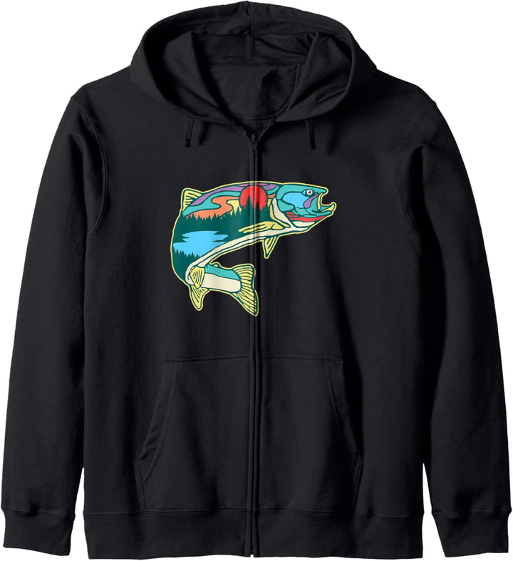 Nature Trout Illustration Vintage Fly Fishing Retro Graphic Kapuzenjacke