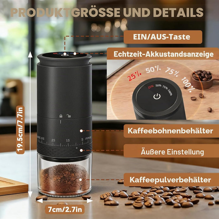 Kaffeemühle Elektrisch, USB Wiederaufladbare Tragbare Kaffemühle mit 38-stufiger Mahlgrad-Einstellun