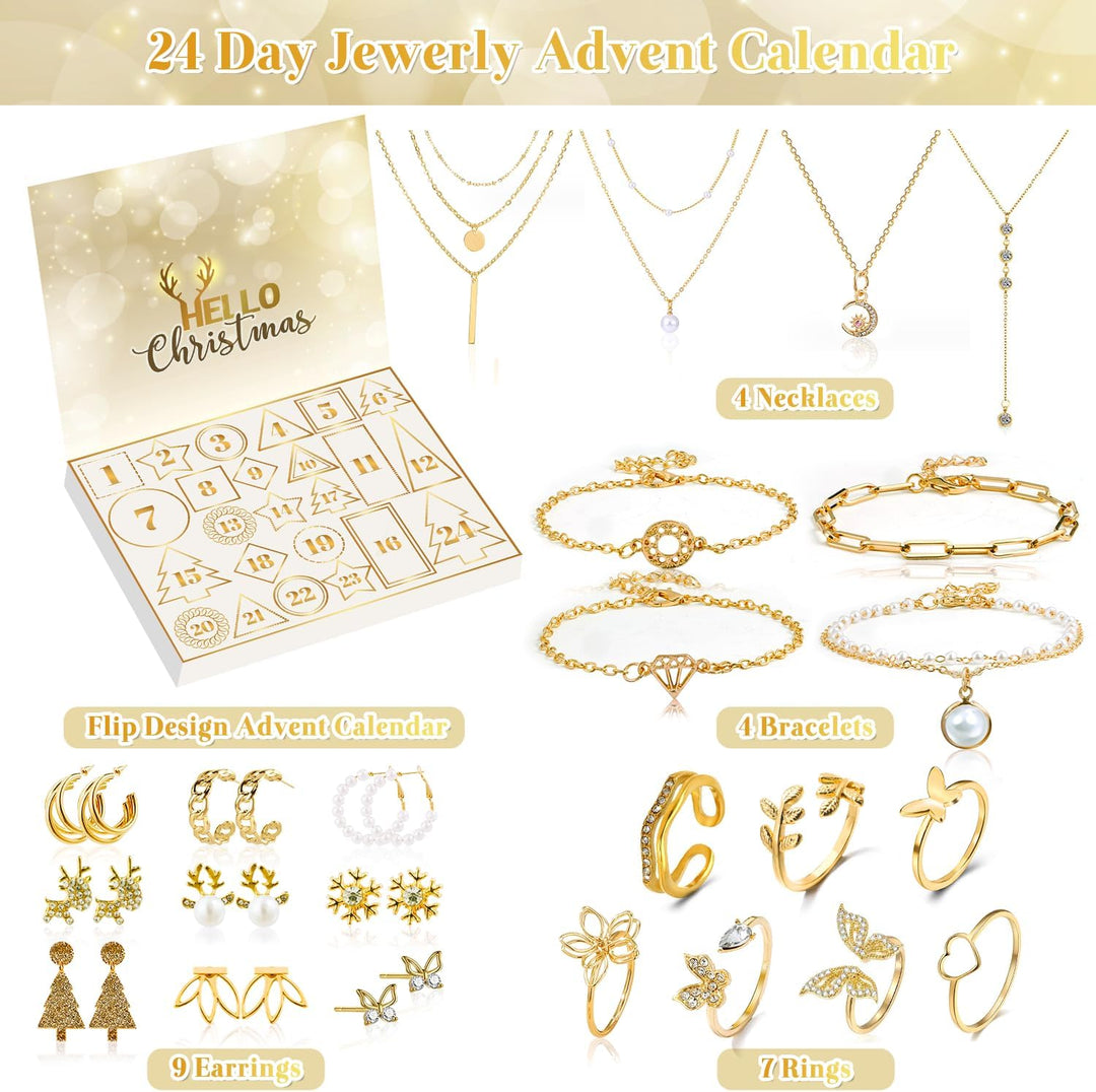 2025 Schmuck Adventskalender für Frauen Mädchen, 24 Überraschungen Count Down Kalender mit Golden Ar