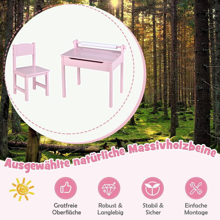 DREAMADE Schreibtisch Kinder mit Stuhl, Schülerschreibtisch aus Holz, Jugendschreibtisch, Kindertisc