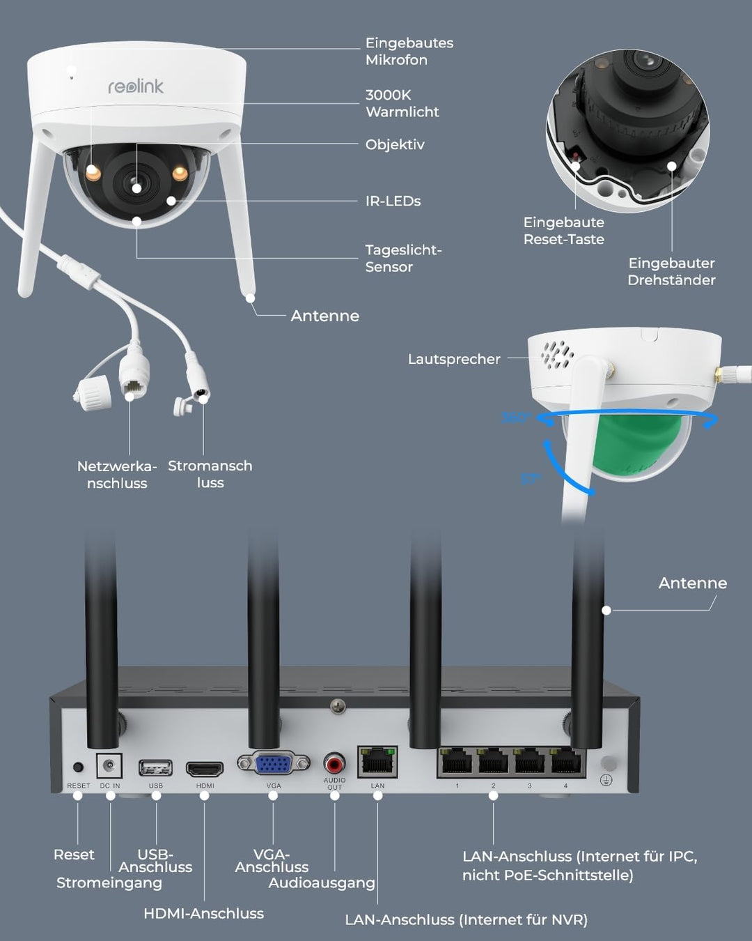 Reolink 4K Wi-Fi 6 Überwachungskamera Set mit IK10 Vandalismusschutz, Farbnachtsicht, 12CH NVR mit 2