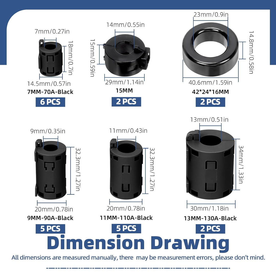 Glarks 22pcs ID 7/9/11/13MM Clip-on Ferrit Ring Core Set, enthält 18pcs schwarze RFI EMI Geräuschdäm