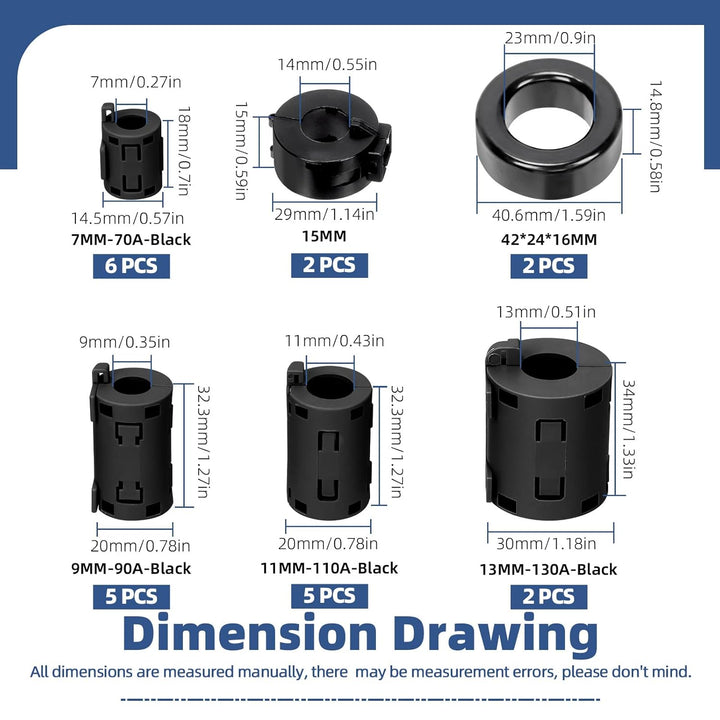 Glarks 22pcs ID 7/9/11/13MM Clip-on Ferrit Ring Core Set, enthält 18pcs schwarze RFI EMI Geräuschdäm