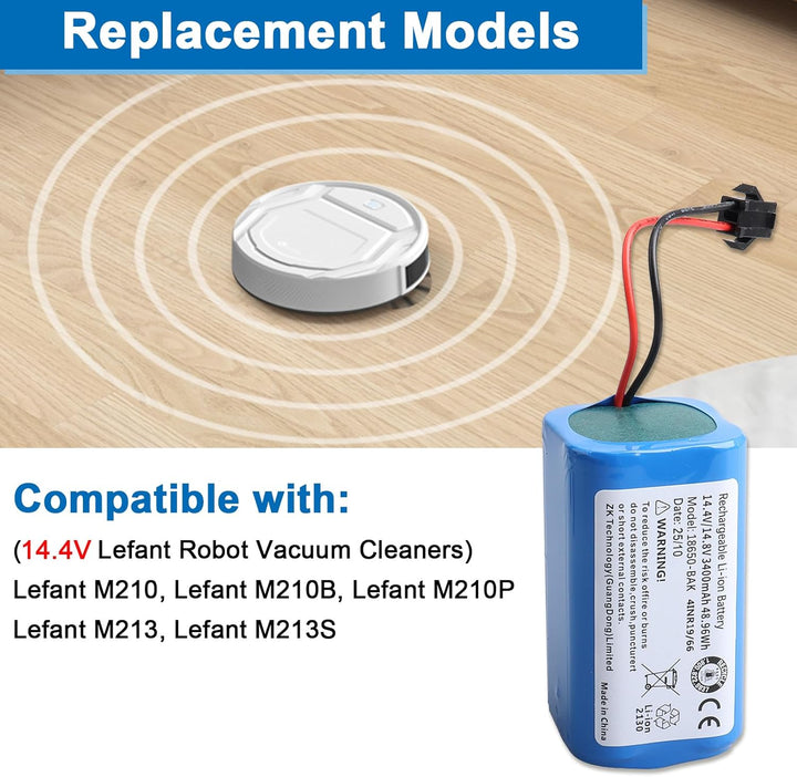 OPAHUTER 3400mAh Akku Kompatibel mit Lefant M210 M210B M210P M213 M213S Robot Vacuum Cleaner with To