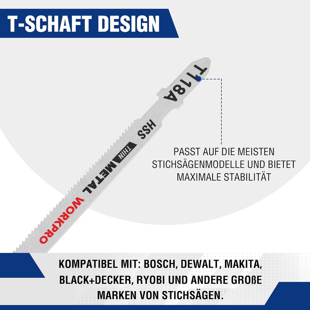 WORKPRO Professional Stichsägeblätter Set, 25tlg.T-Schaft Stichsägeblätter aus HSS/BIM/HCS für Holz,