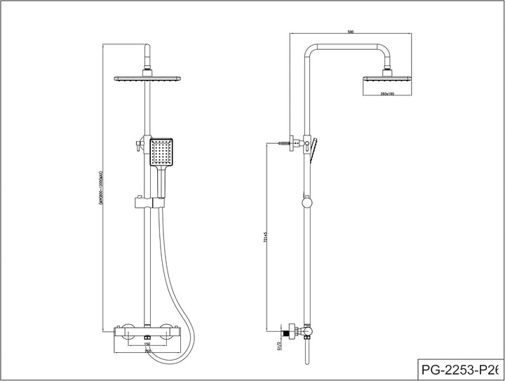 YOOZENA Duscharmatur Schwarz, Duschsystem mit Thermostat, 26x19cm Kopfbrause, Duschkopf mit Schlauch