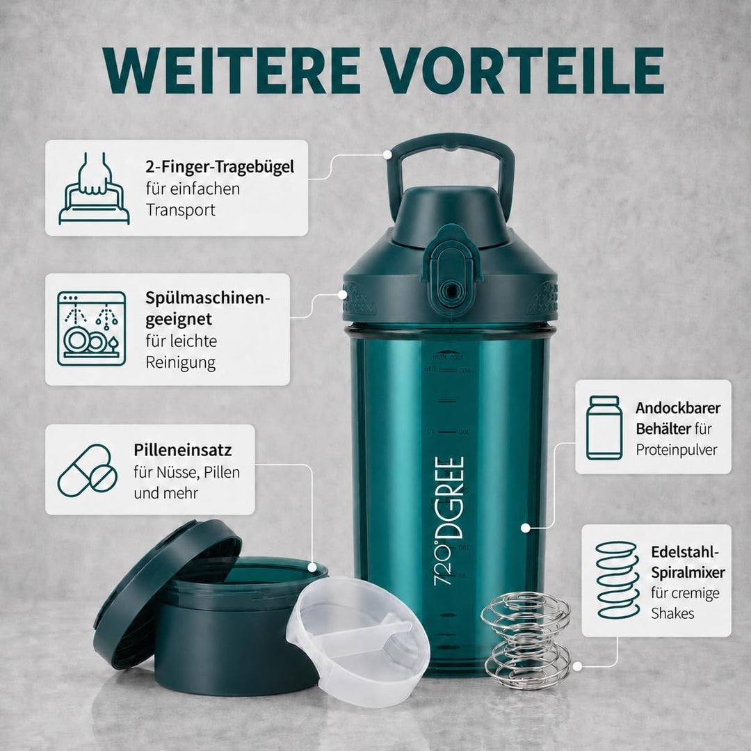 720°DGREE Protein Shaker mit Pulverfach 550ml “uberShaker“ – Auslaufsicher, BPA-Frei, Skala, Spiralm