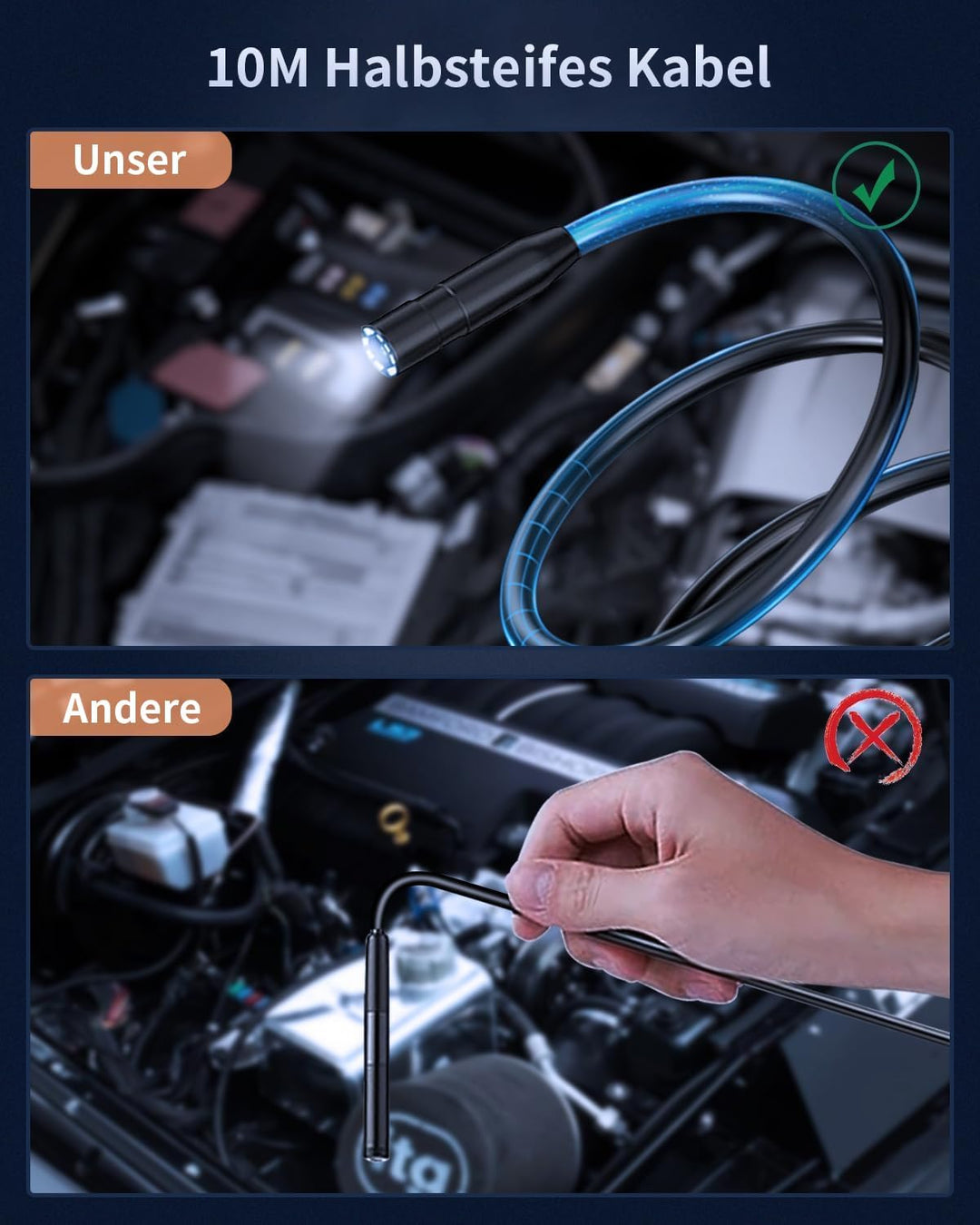 Endoskopkamera mit Licht, AOPICK 4.3" IPS Bildschirm Endoskop mit 10M Halbstarres Kabel, 8mm IP67 wa