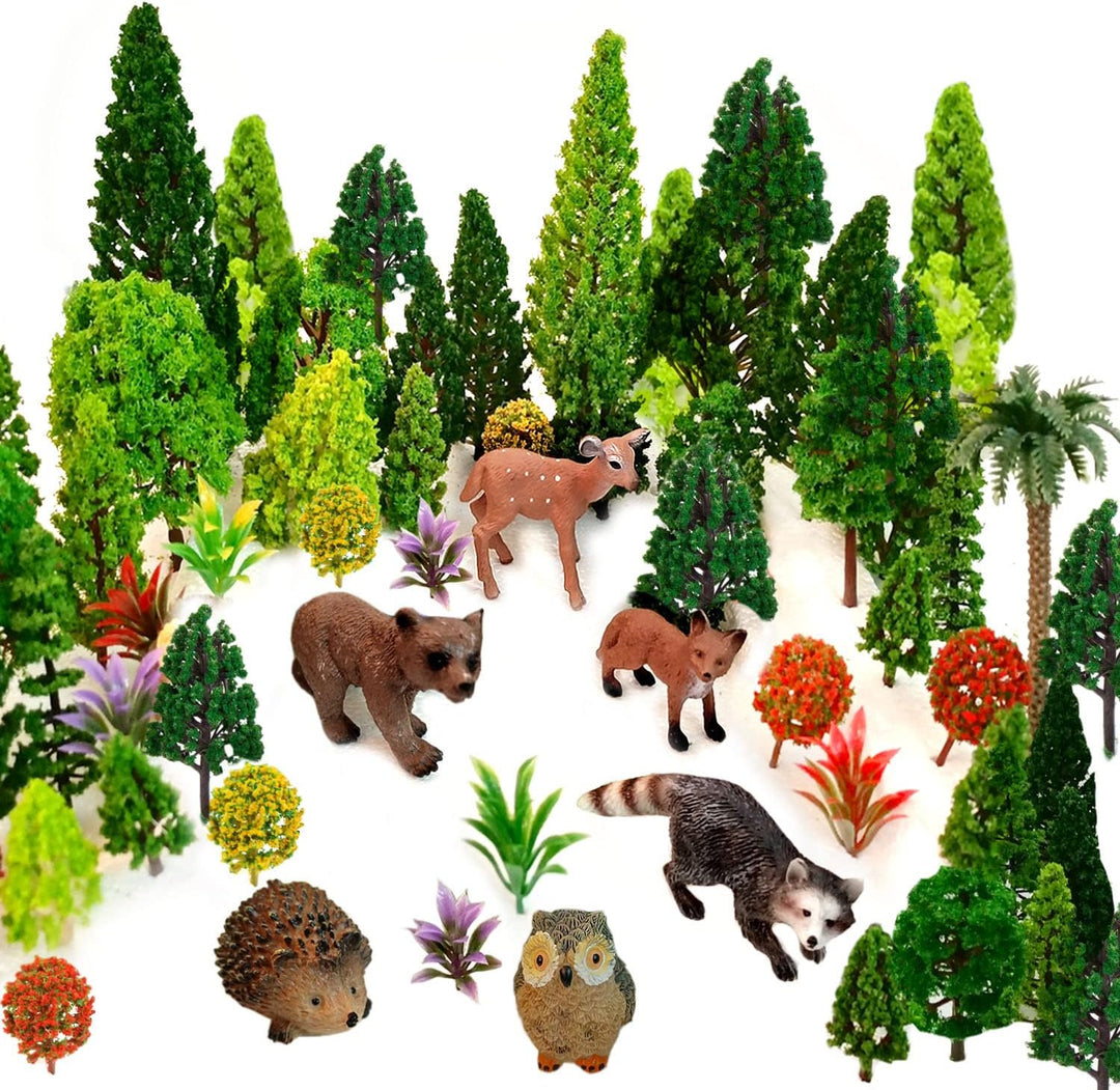 OrgMemory 48 Gemischte Modellbau Bäume, h0 Bäume mit Tierfiguren, Kunstbäume Modellbau für Projekte,