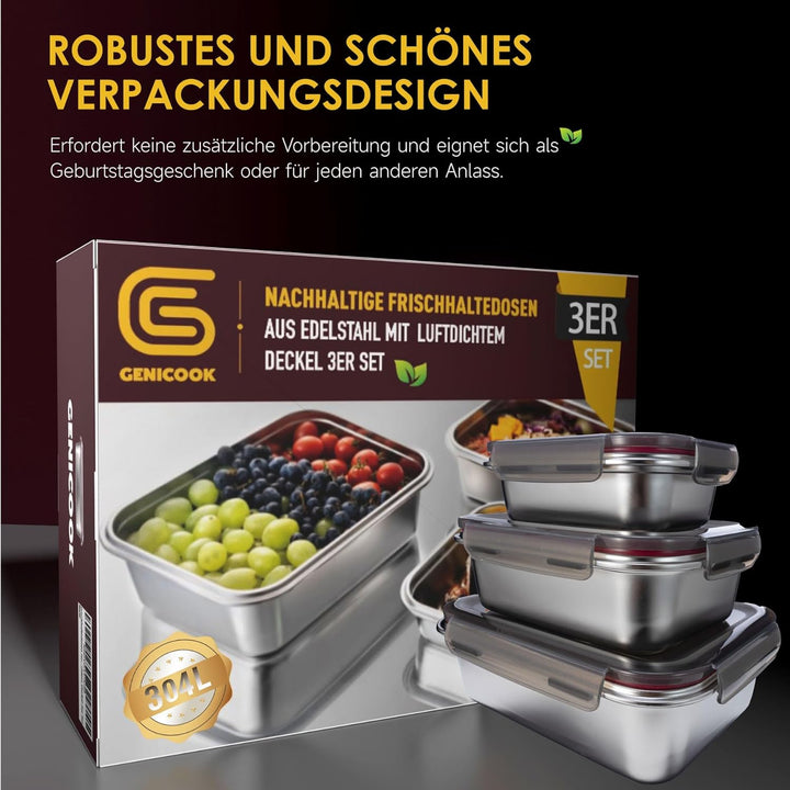 GENICOOK Frischhaltedosen aus Edelstahl /Luchbox mit luftdichtem Deckel 3er Set / Meal Prep Vorratsd