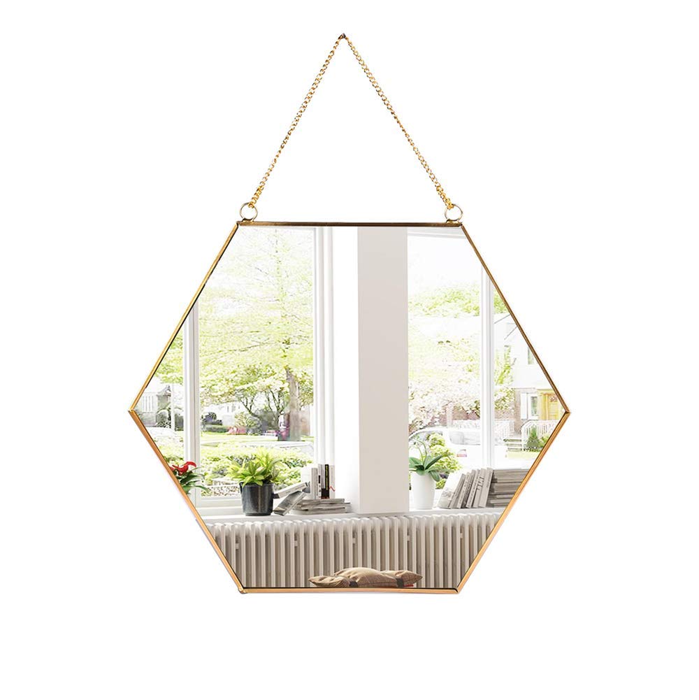 C&Z Sechseckiger Spiegel zum Aufhängen, Gold, geometrischer Vintage-Stil, Spiegel mit Kette für Bade