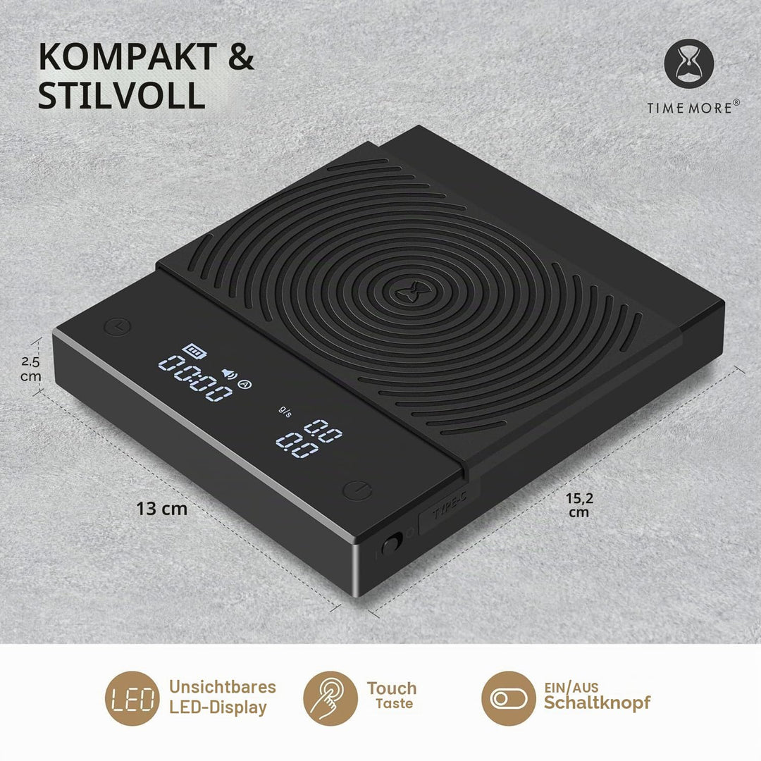 TIMEMORE Kaffeewaage, Espresso-Waage, Digitale Kaffeewaage mit Timer, 2000 g (Schwarz), Schwarz
