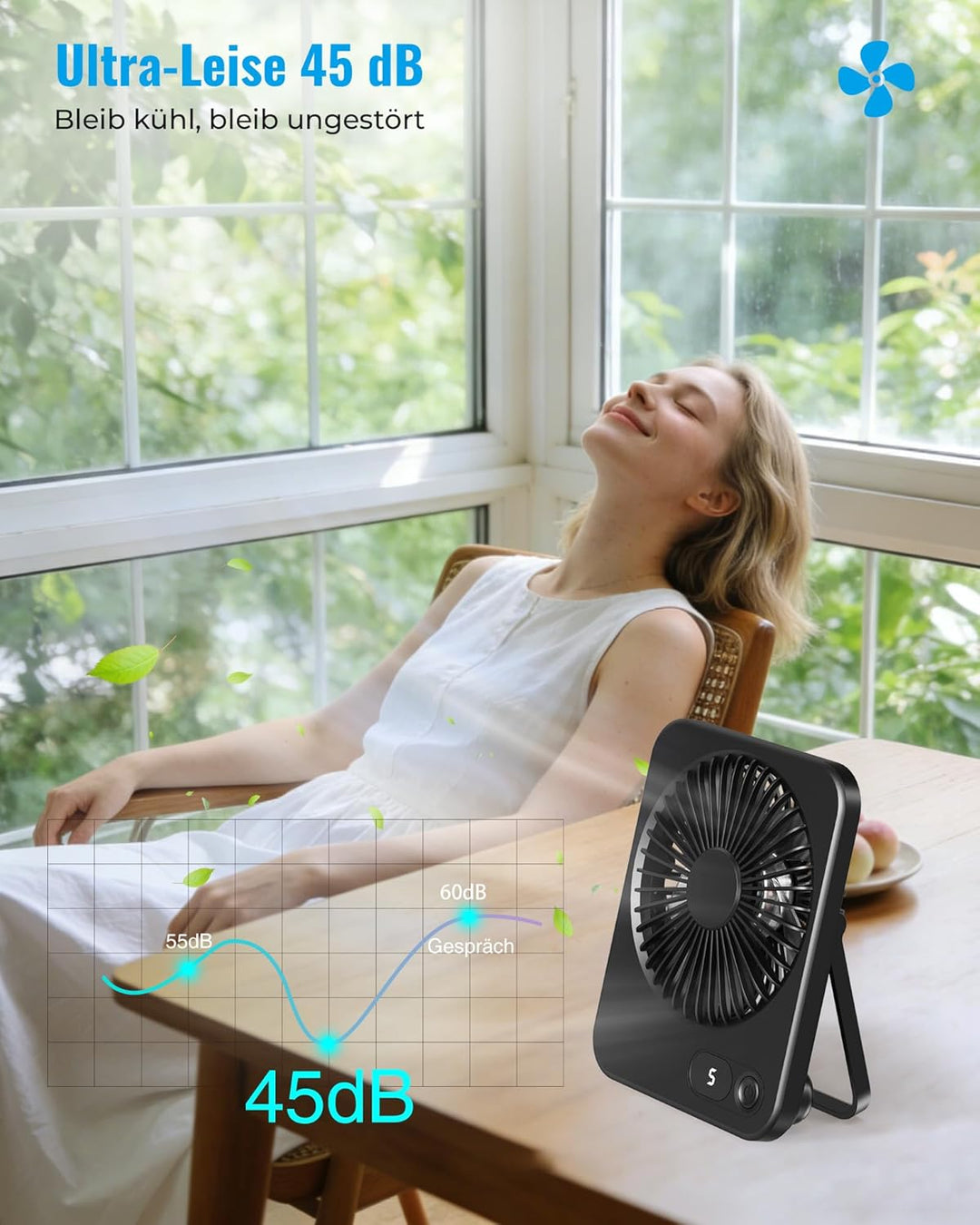 Tischventilator Kleiner - USB Ventilator mit 5 Stufen, 180° verstellbar, Ultra-Slim 3,8 cm, LED-Disp