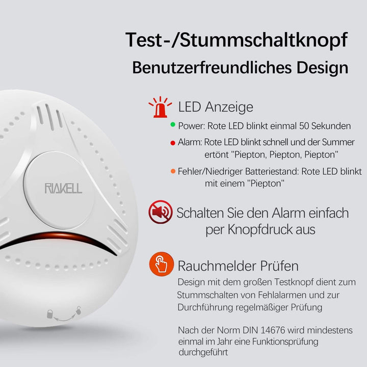 RIAKELL Rauchmelder 1er Set, Feuermelder 10 Jahre Batterie, 85 dB Horbarer Alarm, 14604 geprufter, F