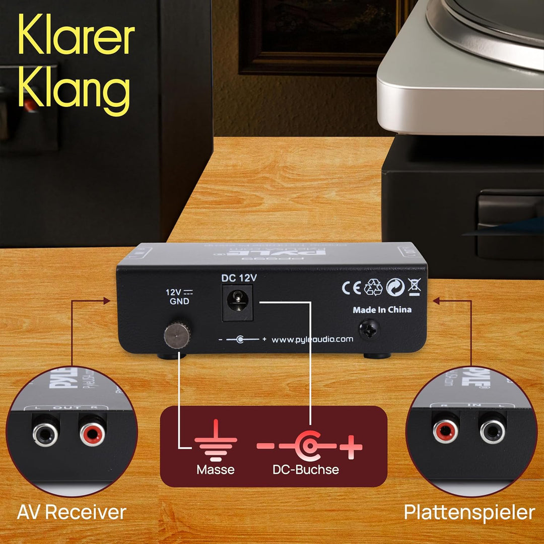 Pyle Phono Vorverstärker für MM Plattenspieler, RCA-Ausgang & 3,5-mm-Kopfhöreranschluss, Rauschfreie