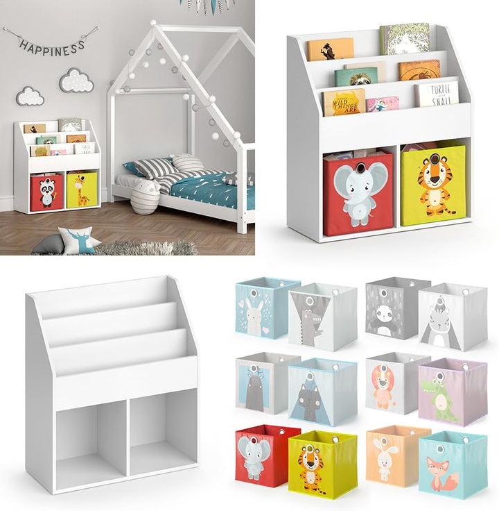 Vicco Kinderregal Luigi, Weiss, 72 x 79 cm mit 2 Faltboxen Opt.2 Weiss 72x79 mit Faltboxen Elefant/T