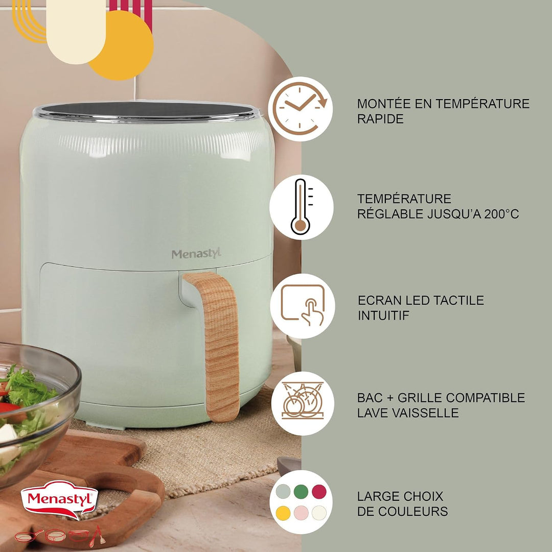 MENASTYL - Fritteuse ohne Heissluftöl Colorama – Seladon – ohne PFAS – 4,5 l – 8 Programme – Tempera