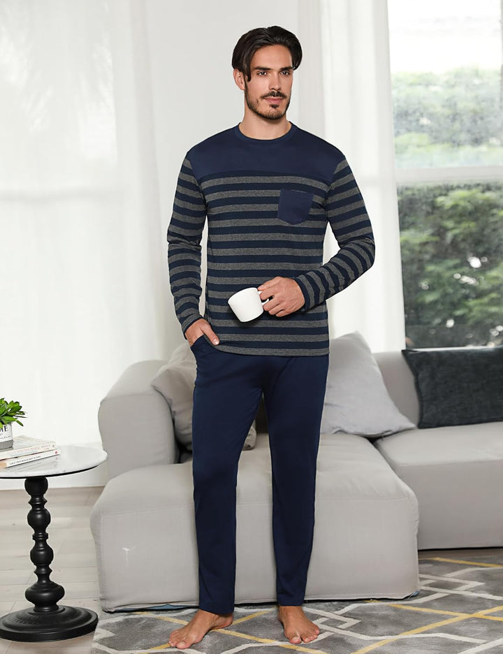 Irdcomps Schlafanzug Herren Pyjama Lang Winter Baumwolle Nachtwäsche Männer Set Langarm Gestreift L