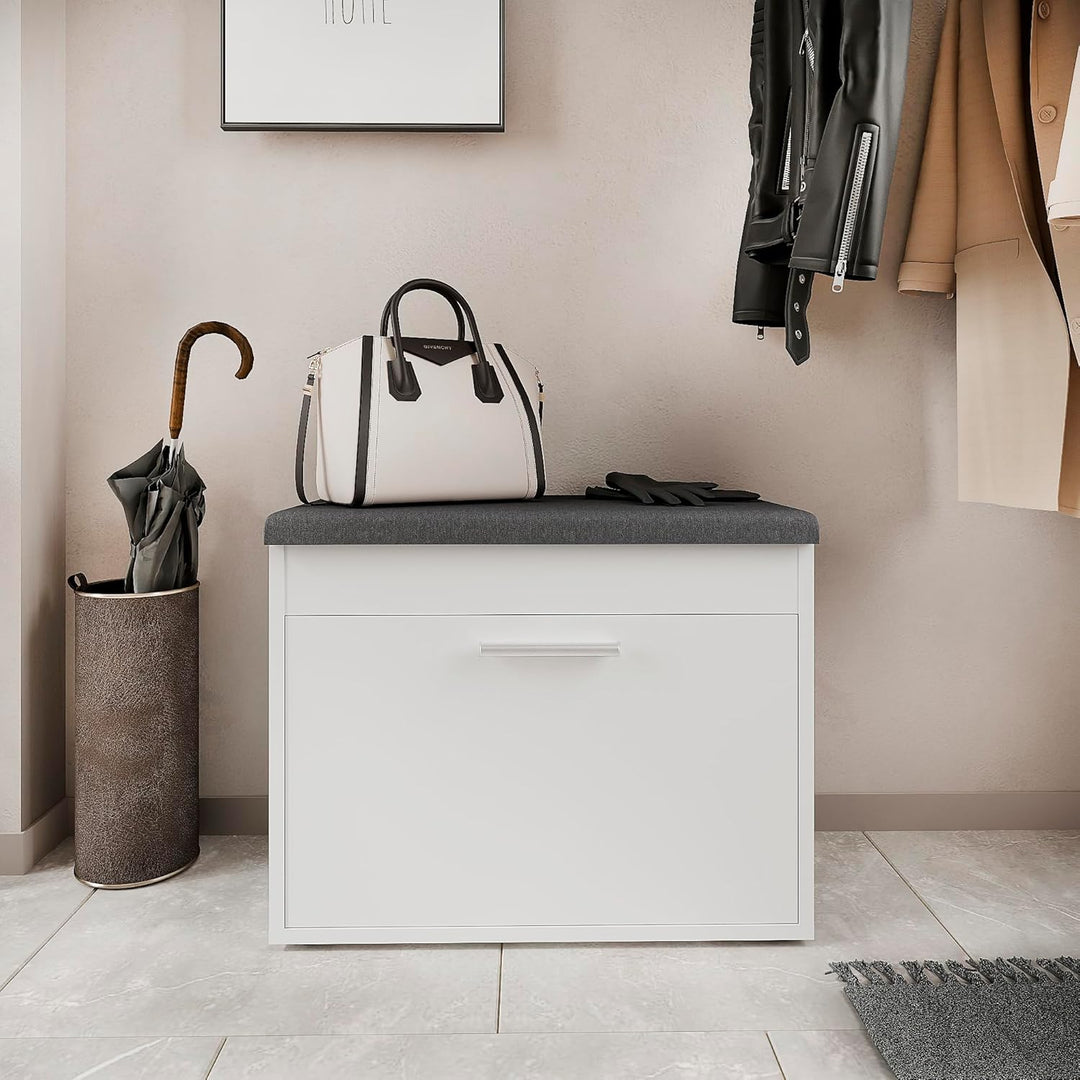 KOMTO Schuhbank mit Sitzfläche Weiss – Schuhschrank mit Sitzbank, Schuhbank mit Klappe, Schuhregal m