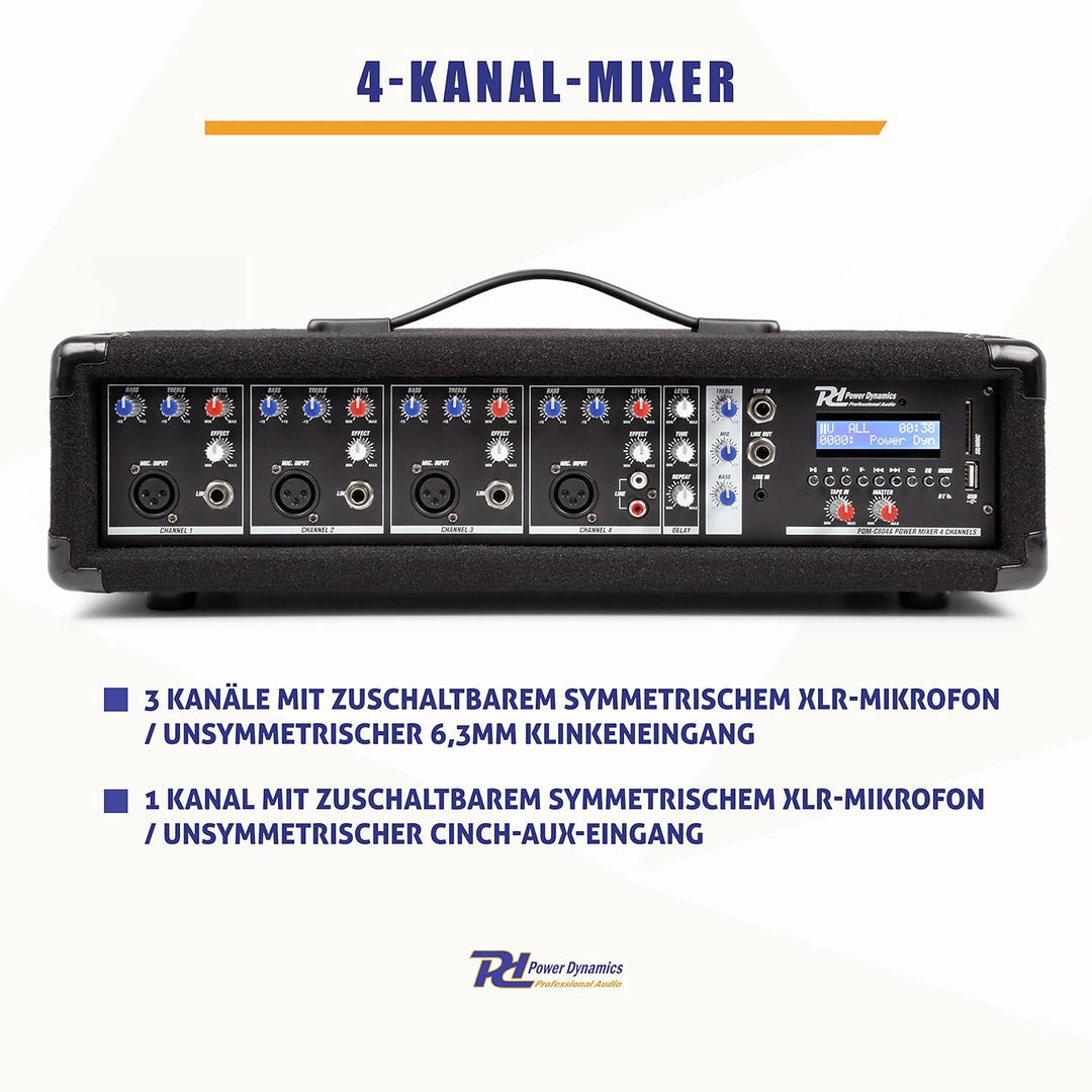 Power Dynamics PDM-C405A 4-Kanal DJ Mischpult mit Verstärker Mischpult Bluetooth Mixer mit eingebaut