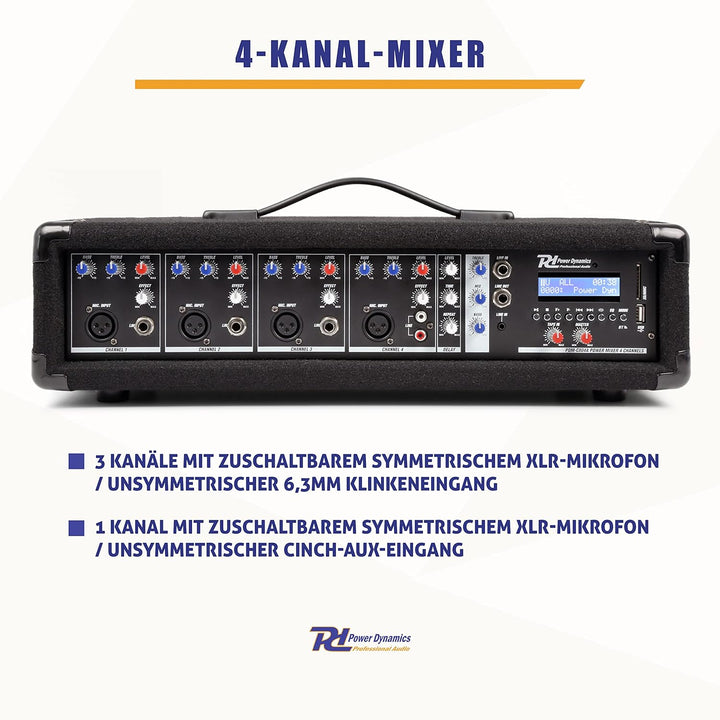 Power Dynamics PDM-C405A 4-Kanal DJ Mischpult mit Verstärker Mischpult Bluetooth Mixer mit eingebaut