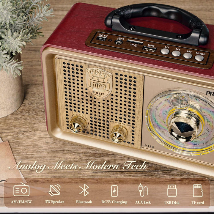 PRUNUS J-110 AM/FM/SW Kofferradio Retro Radio mit Bluetooth, Nostalgie Radio mit Gehäuse in Holzopti