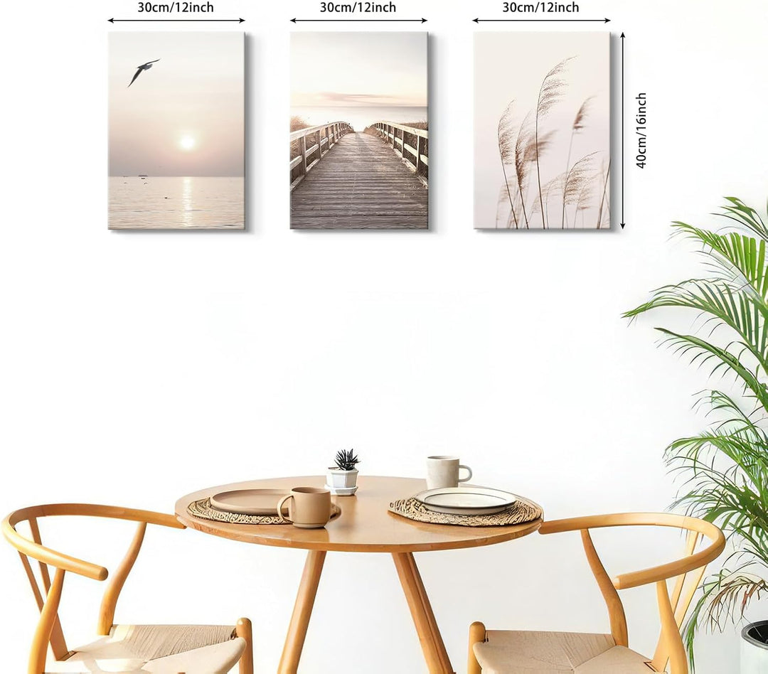 3 Teilig Strand Sonnenuntergang Bilder Set, Aesthetic Natur Landschaft Wandbilder mit Rahmen, Modern