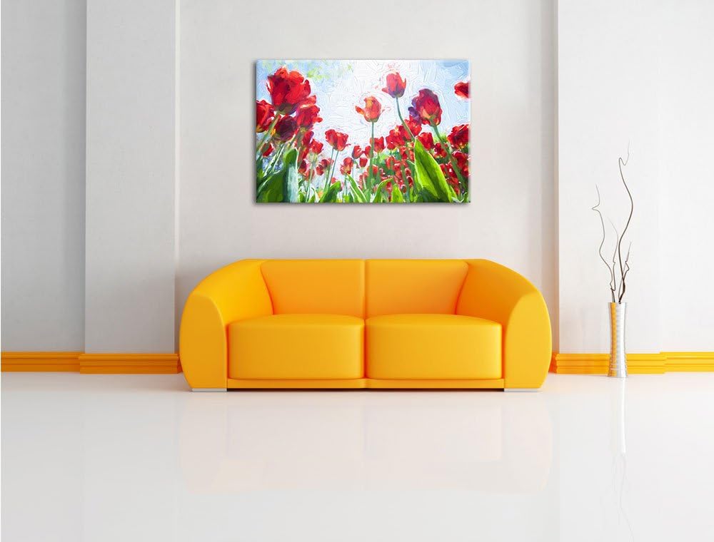 Tulpenfeld Pinsel Effekt, Format: 100x70 auf Leinwand, XXL riesige Bilder fertig gerahmt mit Keilrah