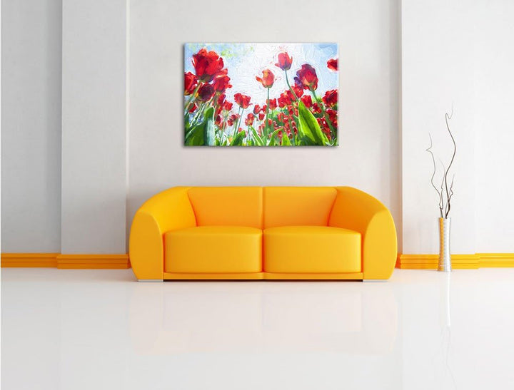 Tulpenfeld Pinsel Effekt, Format: 100x70 auf Leinwand, XXL riesige Bilder fertig gerahmt mit Keilrah