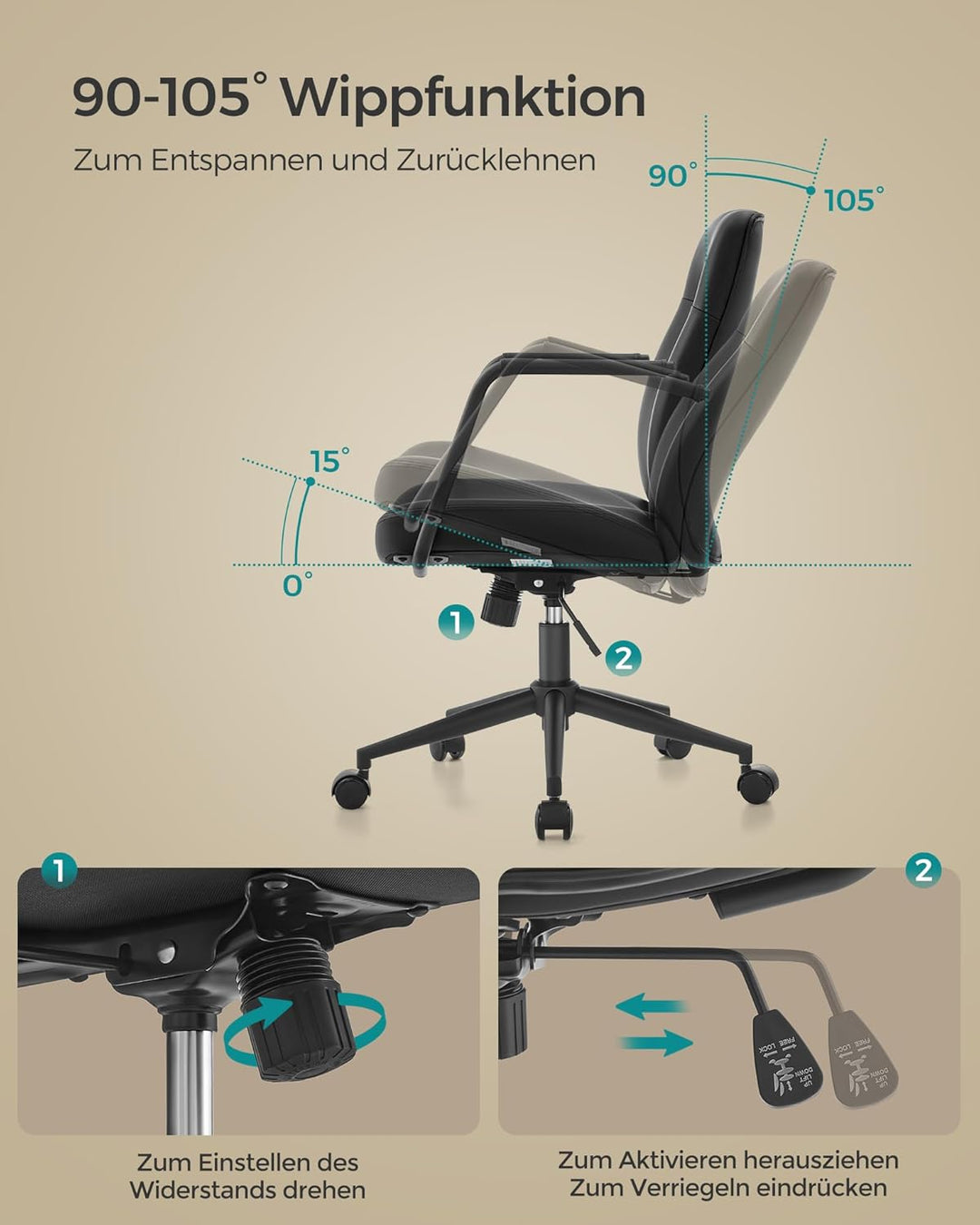 SONGMICS Bürostuhl, Computerstuhl, PU-Oberfläche, leicht zu reinigen, höhenverstellbar, Bequeme Rück